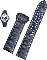 GANYUU 19mm 20mm Canvas Watch Strap For Omega New Seamaster 300 Speedmaster AT150 Leather Nylon Watch Band Men Accessories Blue Black (Color : Blue white black, Size : 19mm)