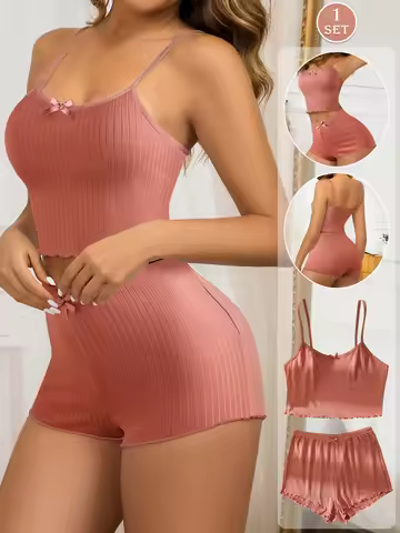 2-piece set,Solid Color Silk-Like Cami Top And Shorts Pajama Set With Large Open Back Design