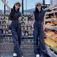 Cowgirl Outfit for Women - Retro Denim Two-Piece Set with Sleeveless Top & Wide Leg Pants