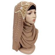 【Big Sale】 Muslim Chiffon Scarf Pearl Hijabs dengan Selendang Manik dan Wraps Femme Musulman Hijab B