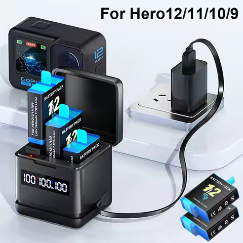 2000mAh Battery For GoPro Hero 12 Battery Pack Motion Camera Battery +LCD 3-Slots Charger For GoPro 