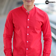 THE ROOMS - เดอะรูม เสื้อเชิ้ต คอจีน สีแดง Oxford แขนสั้น รีดง่าย ใส่สบาย