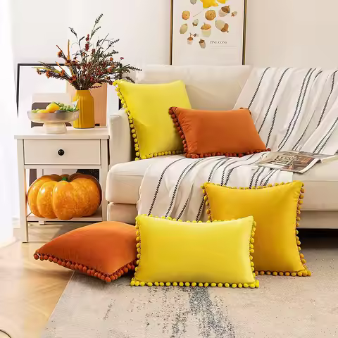 Velvet Throw Pillow Covers with Pom Poms Soft Particles 30x50cm 45x45cm 50x50cm Gold Gift Cozy Luxur