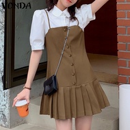 VONDA ชุดเดรสเสื้อสไตล์แขนสั้นยาวถึงต้นขาคอปกสีตัดกัน (ลายดอกไม้เกาหลี)