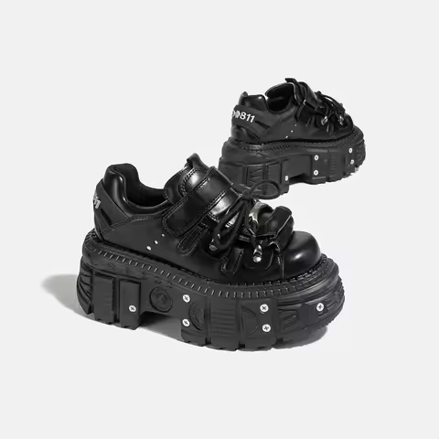 2025 New Handmade Custom Dark Metal Punk Shoes Y2g Increased Platform Gothic Muffin Lace-up Shoes