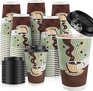 16 Oz Disposable Coffee Cups with Lids, 48 Sets To Go Hot Coffee Cups with Lids, Corrugated Ripple W