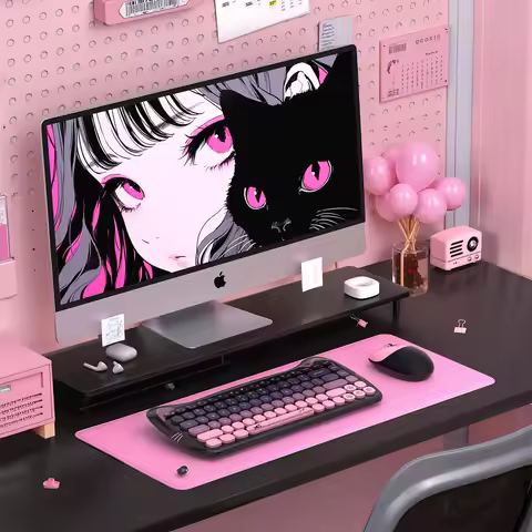 GEEZER Cat Ear Wireless Keyboard Mouse Set, Black Pink Gradient Cat Paw Keycaps Ergonomic Office Com