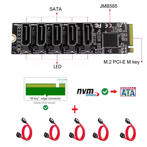 JoniSerl NGFF NVME M-Key PCI Express to SATA 3.0 6Gbps 5 Ports Adapter Converter Hard Drive Extensio