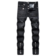 Dsquared2 Brand Mens Classic Black Jeans Mens Street Punk Fake Zipper Ripped D2 Denim Pants Casual S