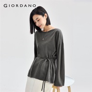 GIORDANO Women Sweaters Tie Waist Loose Sweaters Crewneck Smooth 14-Gauge Knit Pullover Simple Fashi