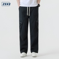 ZEKE B0079 3D Zipper Pocket Cargo Pants Lelaki Men Loose Straight-Leg Long Pant Plain Trouser dengan