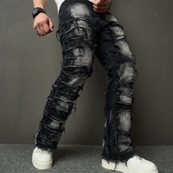 Streetwear HipHop ผู้ชาย Ripped Spliced Patch ตรงกางเกงยีนส์สไตล์ชาย Distressed หลวม Biker Denim กาง
