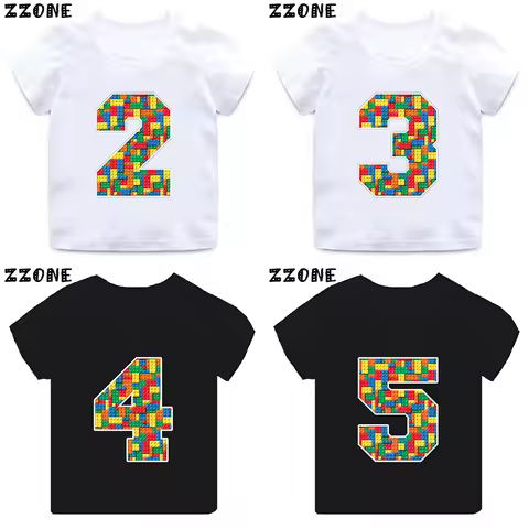 Building Blocks Bricks Number Bow Print Cartoon Boys Clothes 1 2 3 4 5 6 7 8 9 Years Birthday Kids T