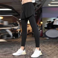 男士假兩件運動褲可放手機緊身壓縮速幹高彈防磨襠健身跑步長褲秋-黑色 M