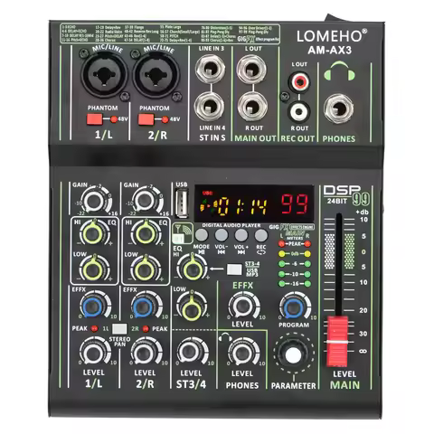 Lomeho 4 Channels Sound Mixer 48V 99 Digital Effect Portable Audio Table Bluetooth USB PC Record Mix