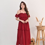 Amama Derina Dress Pantai Natal Wanita Sabrina Bahan Sifon Bali Putih