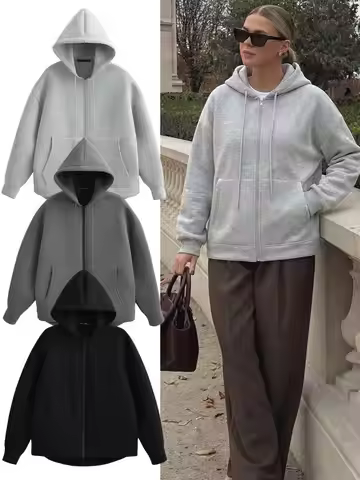 HH 2026 Casual Women's Soild Zipper Hoodie Long Sleeve Big Pocket Zipper Jacket With Hood Female Loo