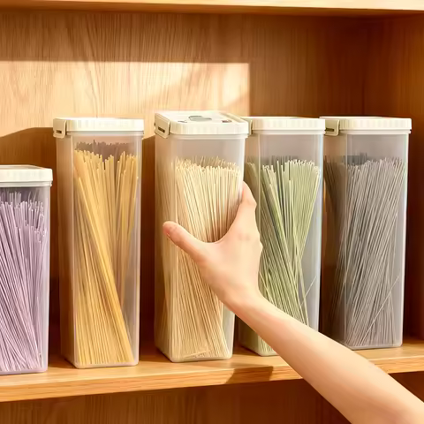WORTHBUY Pasta Storage Box With Handle Moisture-Proof Plastic Noodles Sealed Can Spaghetti Storage C