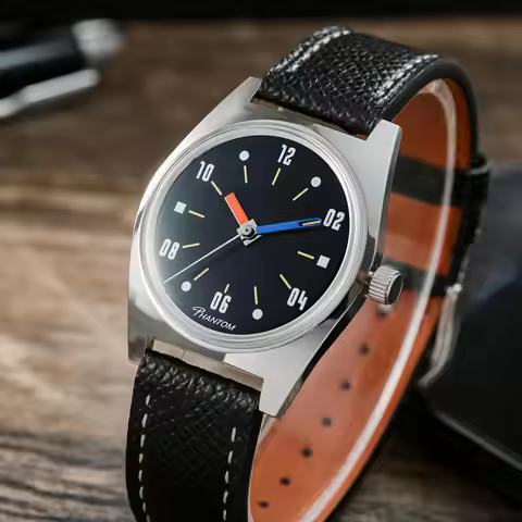 Phantom Retro Casual Men Manual Mechanical Watch Phantom 36mm Dial Fluted Bezel Off‑White Dial 19mm 