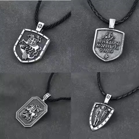 Archangel Saint Michael St. George Religious Russian Orthodox Vintage Holy Shield Pendant Necklaces 