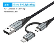 Vention สาย USB MFi 2 In 1ที่ชาร์จความเร็วสูง USB 2.0A ตัวผู้ถึง Micro-B ตัวผู้สายข้อมูล480Mbps ความ