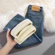 復古窄版闊腿牛仔褲女2025新款冬季加絨加厚高腰彈力煙管直筒褲子