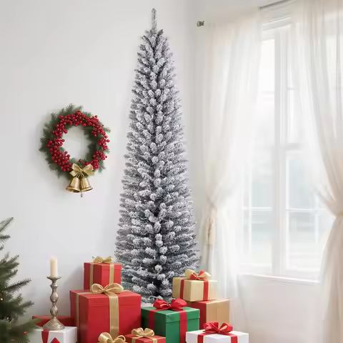 6/7.5/9Ft Flocked Pencil Christmas Tree with Lights, Slim Prelit Artificial Christmas Tree with Snow