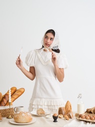 Elegant Vintage Style Mini Dress with Ruffle Detail and Lace Trim