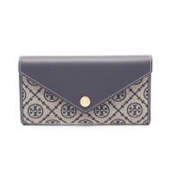 【二手】Tory Burch 三折長款皮夾 T 字圖案信封式長版皮夾 165023405 海軍藍帆布皮革雙折長版皮夾 女士