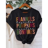 Women's Halloween Pumpkin Print T-Shirt Short Sleeve Crew Neck Casual Top with "FLANNELS PUMPKINS BO