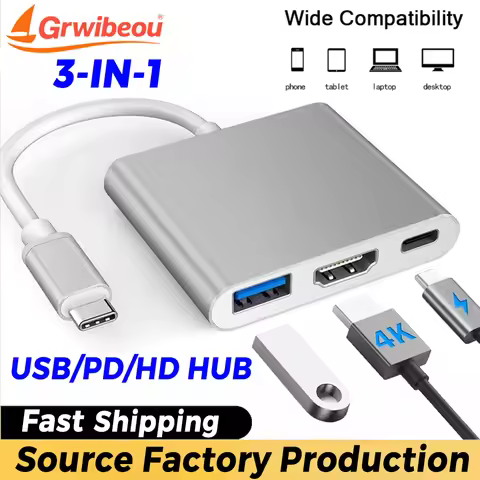 Grwibeou 3in1 Type C TO USB 3.0 Type C PD HDMI Hub for Mac MacBook Air XPS IPad Pro Galaxy S20 Samsu