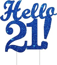 Hello 21 Cake Toppers Blue Glitter, Happy 21st Birthday Cake Decorations Cheers to 21 Years Party De