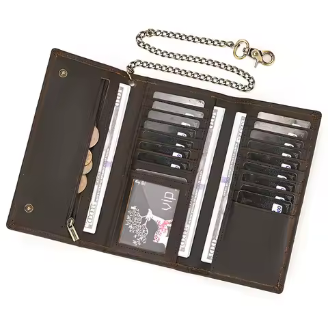 Crazy Horse Leather Men's Long Wallet Vintage Trifold Wallet with Chain Cowhide Leather Purse Card W