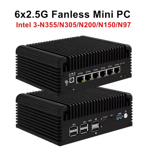 6 LAN 2.5G Firewall Appliance Intel 3 N355 N200 N150 N97 i226-V Fanless Mini PC DDR5 2xNVMe 1xSATA3.