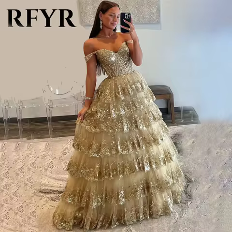 RFYR Puffy Gold Evening Dress Off Shoulder Vestidos De Noche Sweetheart Layered Prom Dress Appliques
