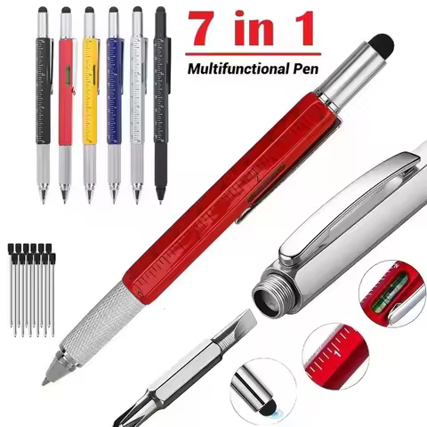 New 7-in-1 Multifunction Ballpoint Pen With/Without 10Pcs Refills CM/Inch Measure Ruler Screwdriver 