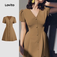 Lovito Elegant Dress Button Spring/summer Khaki Dress for Women L150AD726 Lovito Pakaian Elegan Buta