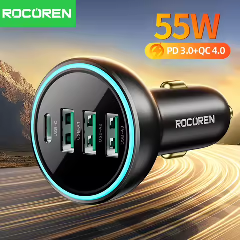 Rocoren 4 in 1 USB Type C Car Charger 55W Fast Charging Car Charger PD QC4.0 USB C Car Charger Adapt