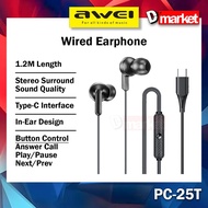 Awei PC-25T Wired Earphone Stereo Surround Sound Type-C Headphone Awei Earphone 1.2M Length Awei PC-