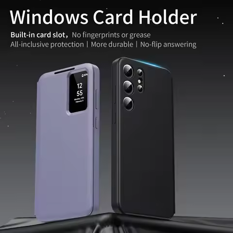 Leather Card Solt Pocket Case for Samsung Galaxy S25 Ultra S24 S23 S22 S-View Flip Smart Display LED