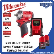 MILWAUKEE M12 Fuel 1/2" Stubby Impact Wrench + M12 Sub Compact Inflator