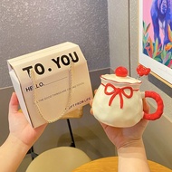 Creative Cute Bow Lucky Bag Ceramic Water Cup with Lid Spoon Birthday Gift Couple Sisters Meaningful