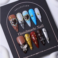 Handmade Long Pointed Nail Tips In Multi Color Y2K Style & 3D Handcrafted Cross Butterfly Inlay & Ha
