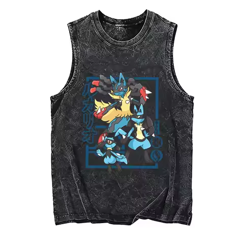 2026 Pokemon Lucario Evolution Acid Wash Tank Top, Fighting Type Anime Print, Oversized Cotton Stree