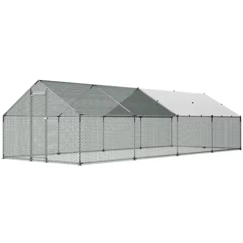 Large Metal Chicken Coop, 9.8 x 26.2 x 6.6 ft, Walk-in Chicken Runs with Waterproof Cover, Spire Roo
