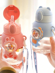 1PC Cartoon Plastic Water Bottle, Cute Straw Cup With Strap,600ml/20.29oz, Portable Water Bottle For