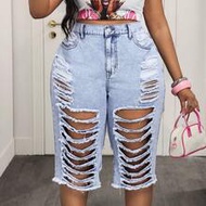 Plus Size Women High Waist Pockets Distressed Frayed Hem Capri Jeans Y2k Low Rise Jeans Y2k Summer C