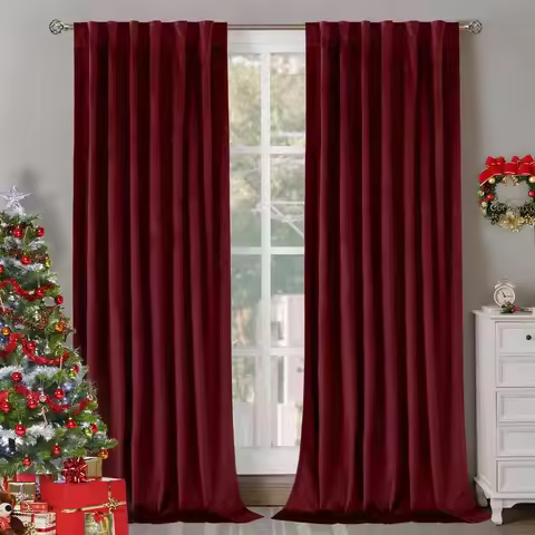 Red Velvet Curtains 84 Inch for Bedroom, Thick Thermal Insulated Blackout Curtains Noise Reduce Back