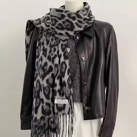 Fashion Leopard Tassels Shawl Imitation Cashmere Thickened Foulard Pashmina Hijabs Windproof Winter 