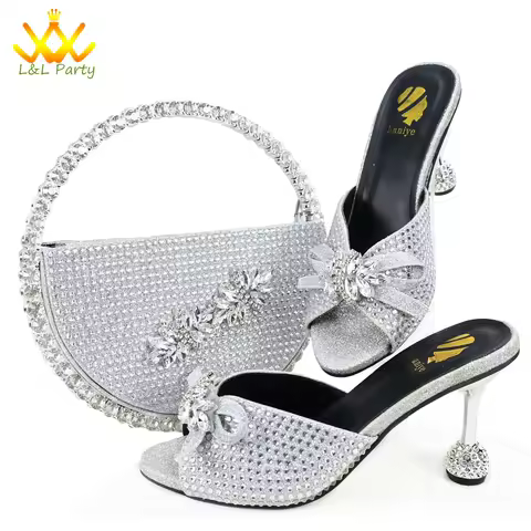 2025 Winter Newest Coming Fashion Nigerian Women Shoes and Bag Set in Silver Color Full Crystal Supe